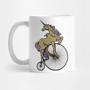 Golden Sparkly Unicorn on Penny Farthing Velocipede Mug